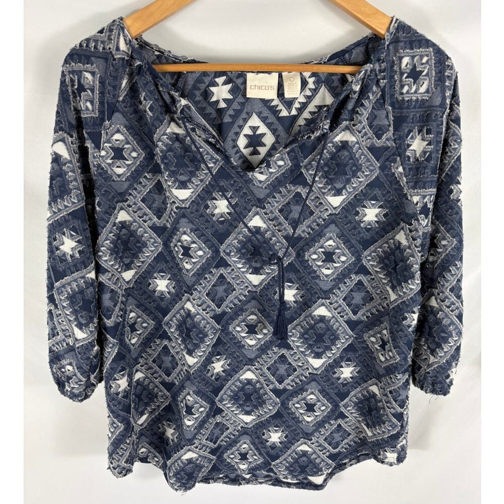Chicos Geo Print 3/4 Sleeve Blouse Blue White Size 0 / Medium